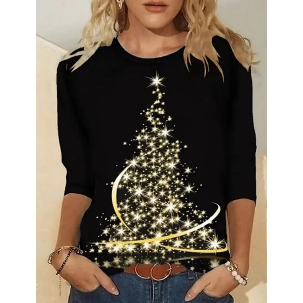 

Autumn Women Elegant Long Sleeve Snowman Printing Tops Christmas Trend T-shirt Winter Round Neck Vintage Pullover Tee Shirt 2023