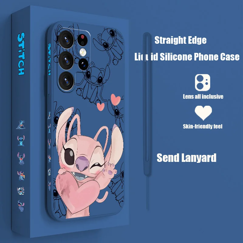 

Disney Stitch Love Phone Case For Samsung S23 S22 S21 S20 Fe S10 Note 20 10 Ultra Lite Plus Liquid Left Rope Cover