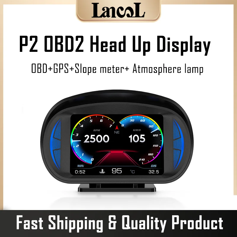 P2 OBD2 GPS Car HUD Display Slope Meter Head Up Display Car Gauge  Speedometer Alarm function Car Electronic Accessories