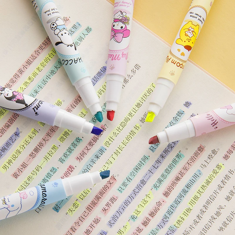 귀여운 산리오 하이라이터, 다기능 컬러 펜, Kulomi 소녀 하트 하이라이터, 6 박스