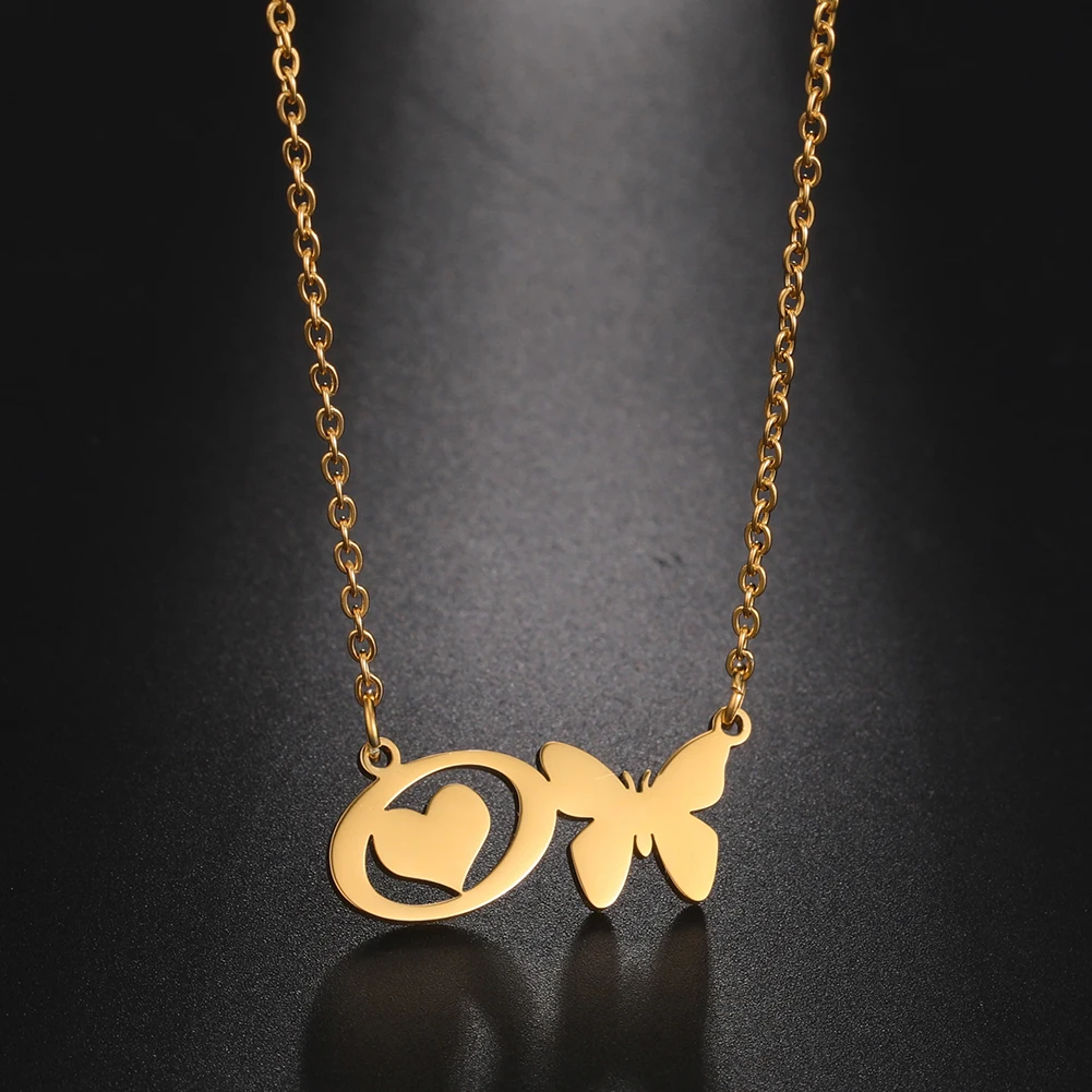 Amaxer for Women Girl Sweet Butterfly Alphabet Necklace A-Z Initial Letter Name Stainless Steel Gold Silver Color Jewelry Gift_voghion.com