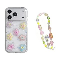 3D Glitter Lily Flower Transparent Phone Case - Cute Clear Soft Bling Shockproof Cover - iPhone 15 (Case with bracelet)
