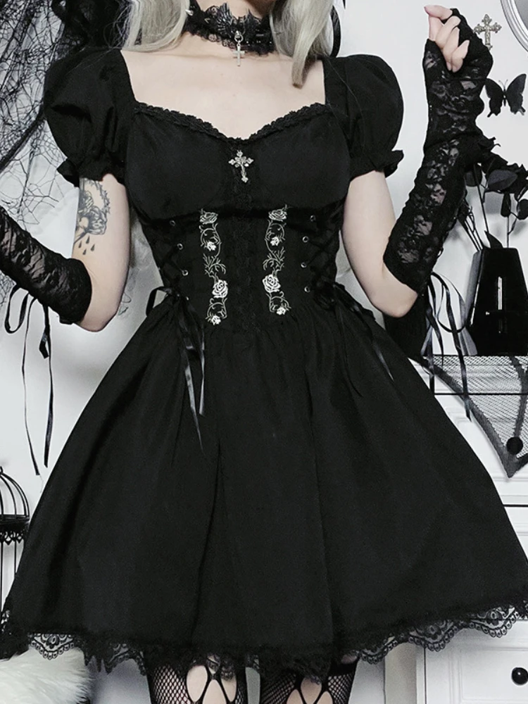 

ALTDITS Streetwear Gothic Princess Dress Women Y2k Harajuku Lace Up Dark Cross Corset Dress Alt Vintage Partywear Lolita Dress