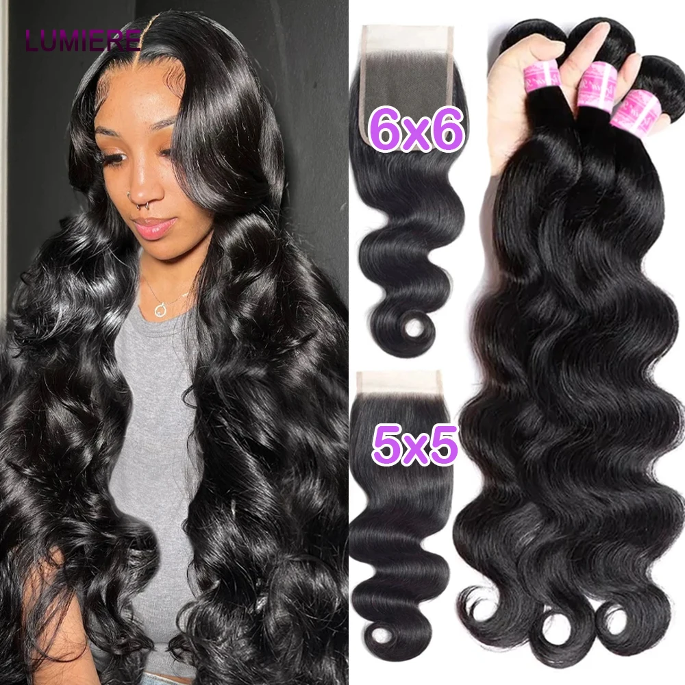 32 40" Body Wave Human Hair Bundles With 5x5 6x6 HD Transparent Lace Closure Frontal Virgin Human Hair Bundle eal Hair Extension