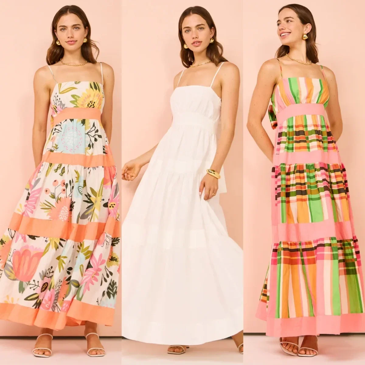 2024 Spring and Summer New European and American Fashion Suspender Long Skirt Temperament Printed Splicing Dress