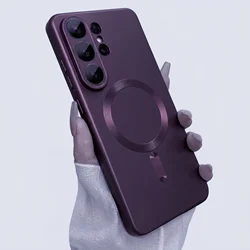 Magnetic Luxury Matte Soft Silicone Phone Case with Metallic Luster and Camera Lens Protector - Galaxy S26+ (Burgundy)