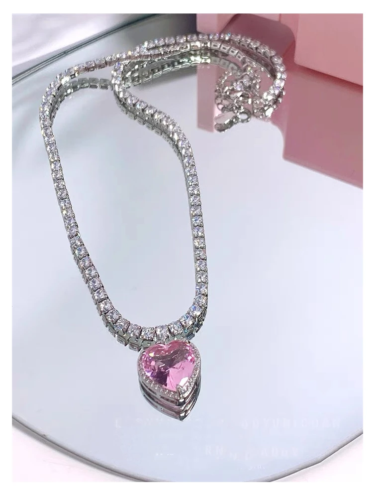 Y2K Accessories Aesthetic Necklace Pink Rhinestone Heart Collares  Subculture Cute Jewelry For Girl Kawaii Gift Party Wedding - AliExpress