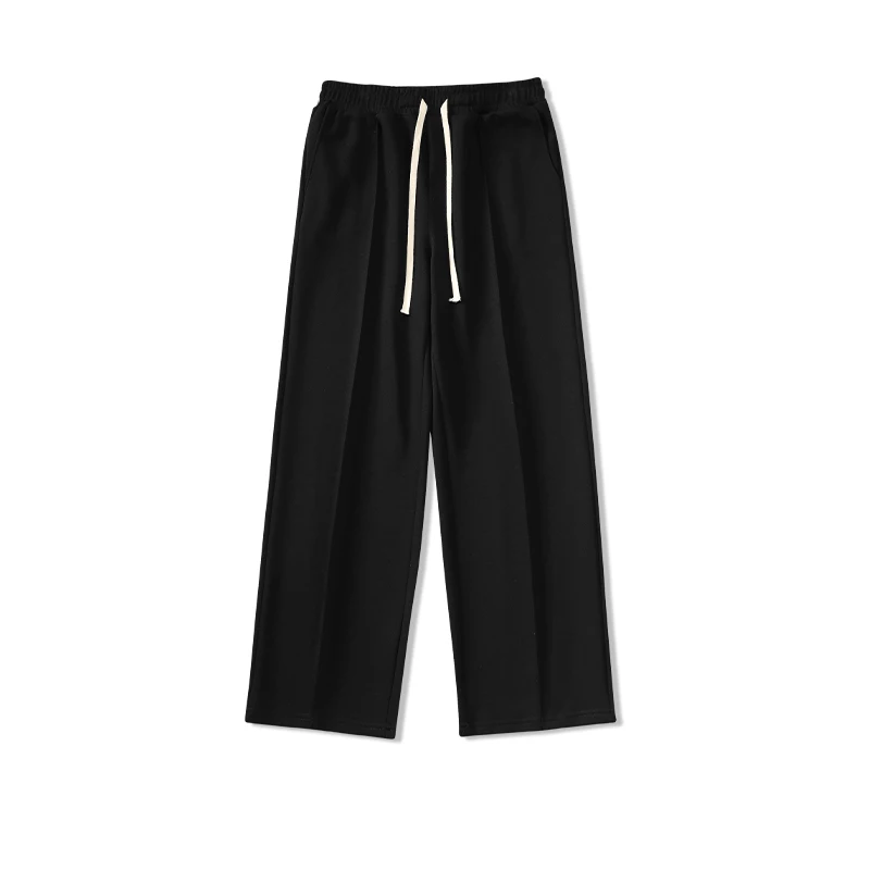 Spring Autumn Men's Pockets Elastic High Waisted Solid Drawstring Loose Casual Wide Leg Sports Trousers Office Lady Pants Wide Leg Pants