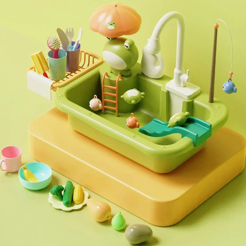 Kid Play Kitchen Sink Taps Toys Running Water Plastic for Toddler Electric Dishwasher Playing Toy Faucet Dishes Playset for Girl