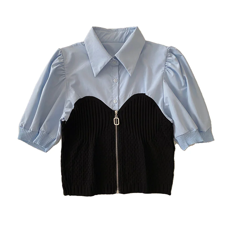 

Summer new slim all-match short-sleeved cardigan fake two-piece shirt women
