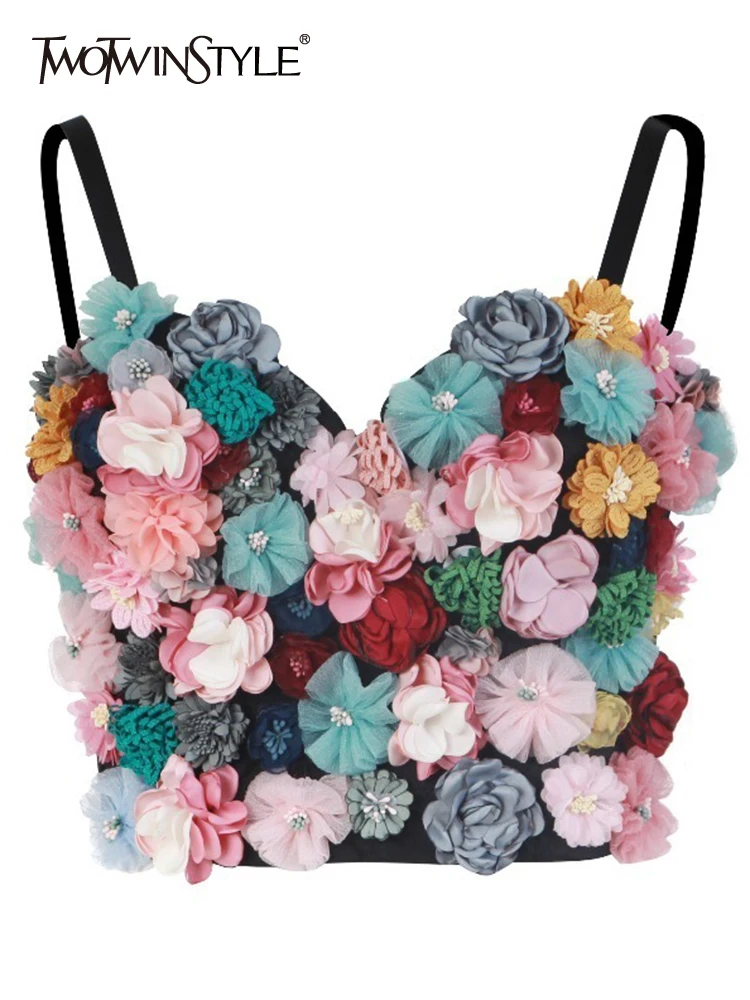 

TWOTWINSTYLE Hit Color Print Tank Tops For Women Square Collar Sleeveless Patchwork Floral Summer Vest Female Fashion 2023 New