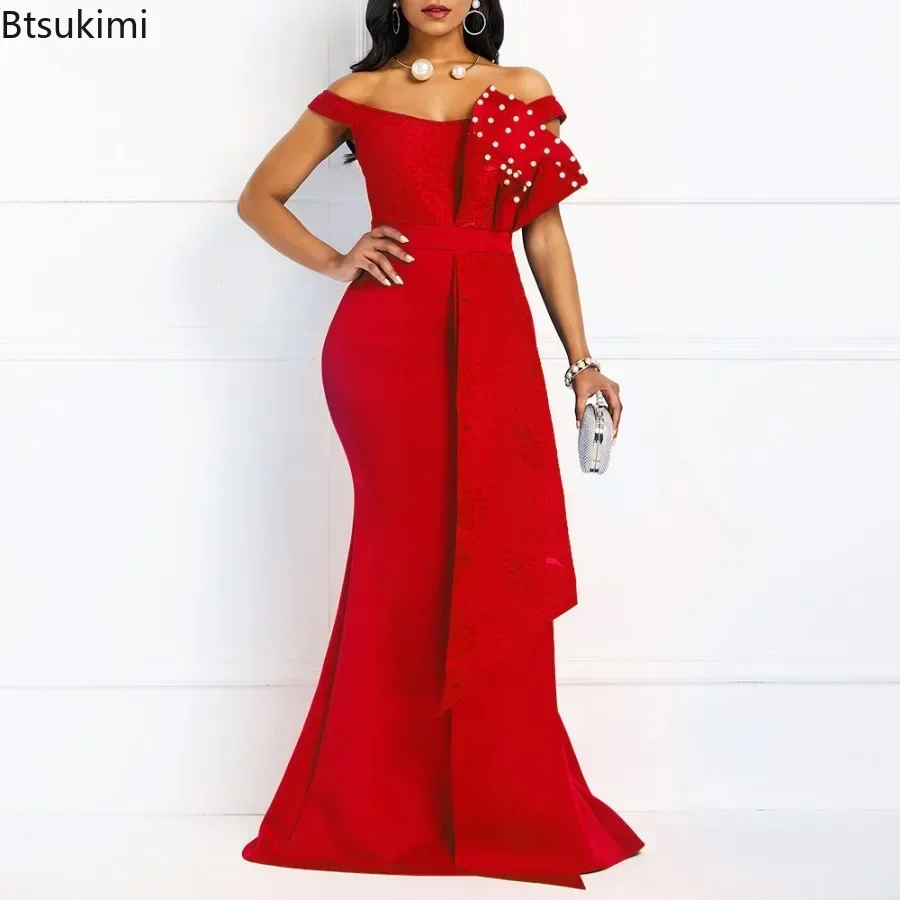 2024 Luxury Dresses Women Designers Beaded Off Shoulder Mermaid Skinny Prom Floor Length Evening Dinner Wedding Party Maxi Dress 1