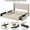 Bed Frame with 4 Storage Drawers and Tufted Headboard Linen Upholstered Frame Wingback Beds with Wooden Support, Easy Assembly 5