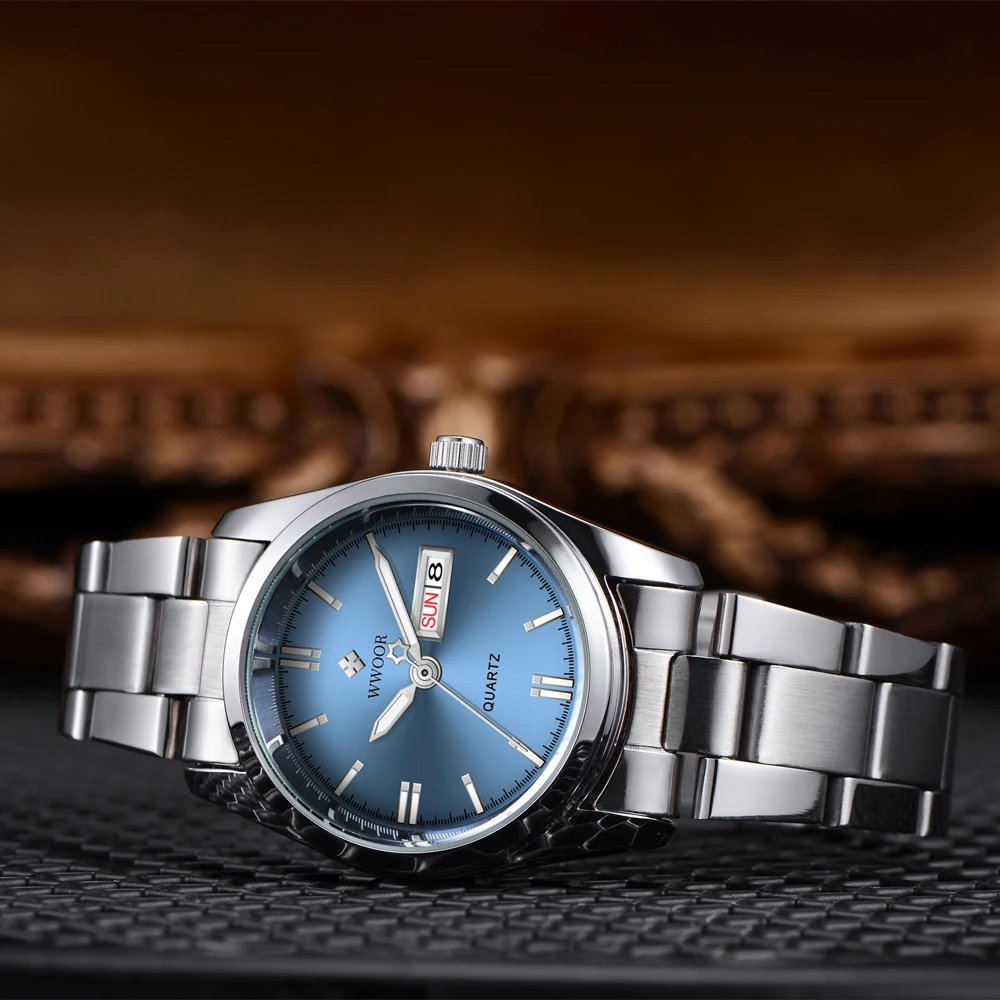 WWOOR 2024 New Top Luxury Brand Women Silver Blue Watch Fashion Stainless Steel Quartz Elegant Waterproof Wristwatch Reloj Mujer