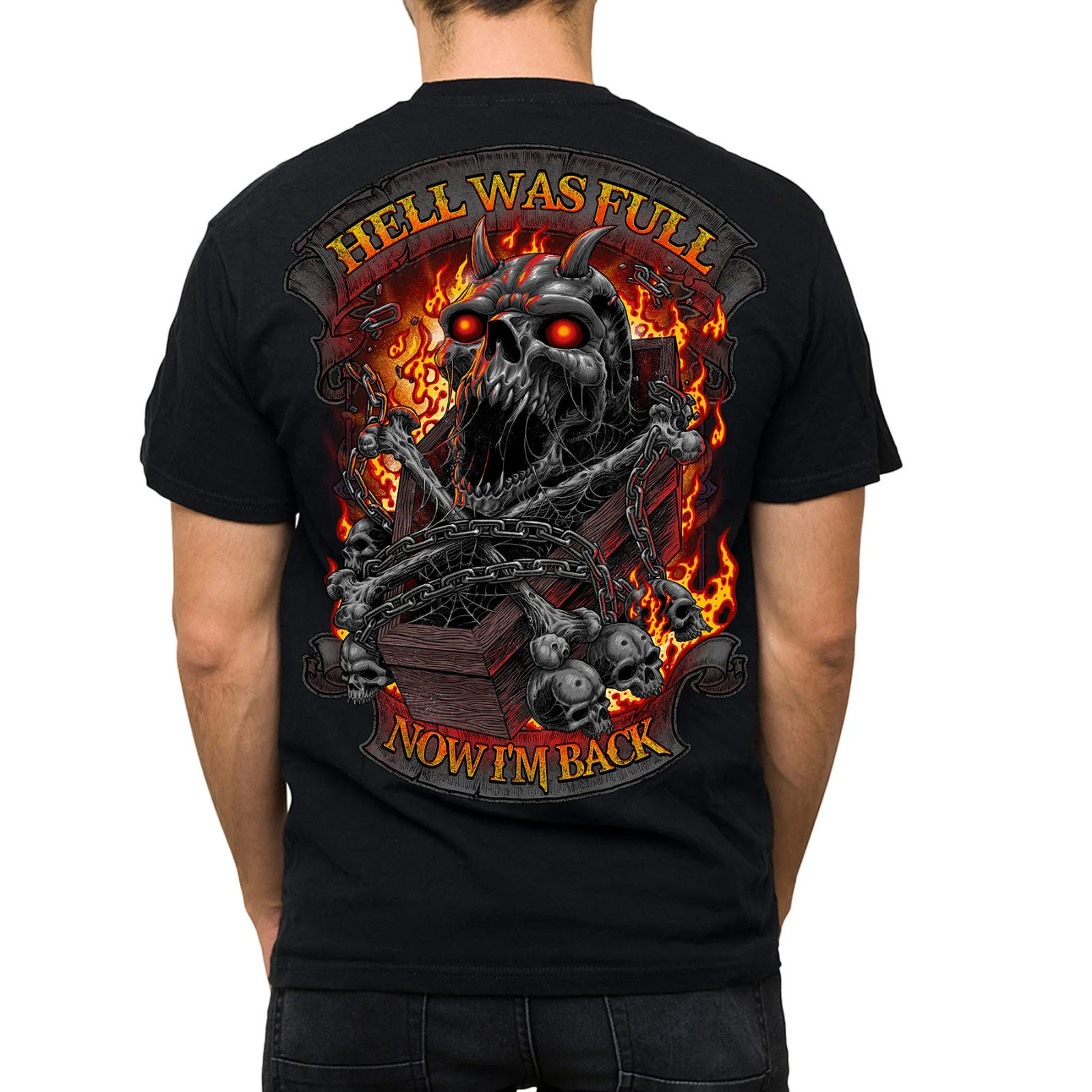 Minus Hell Was Full Fire Flashes Skull Bones Coffin Mens Biker T Shirt