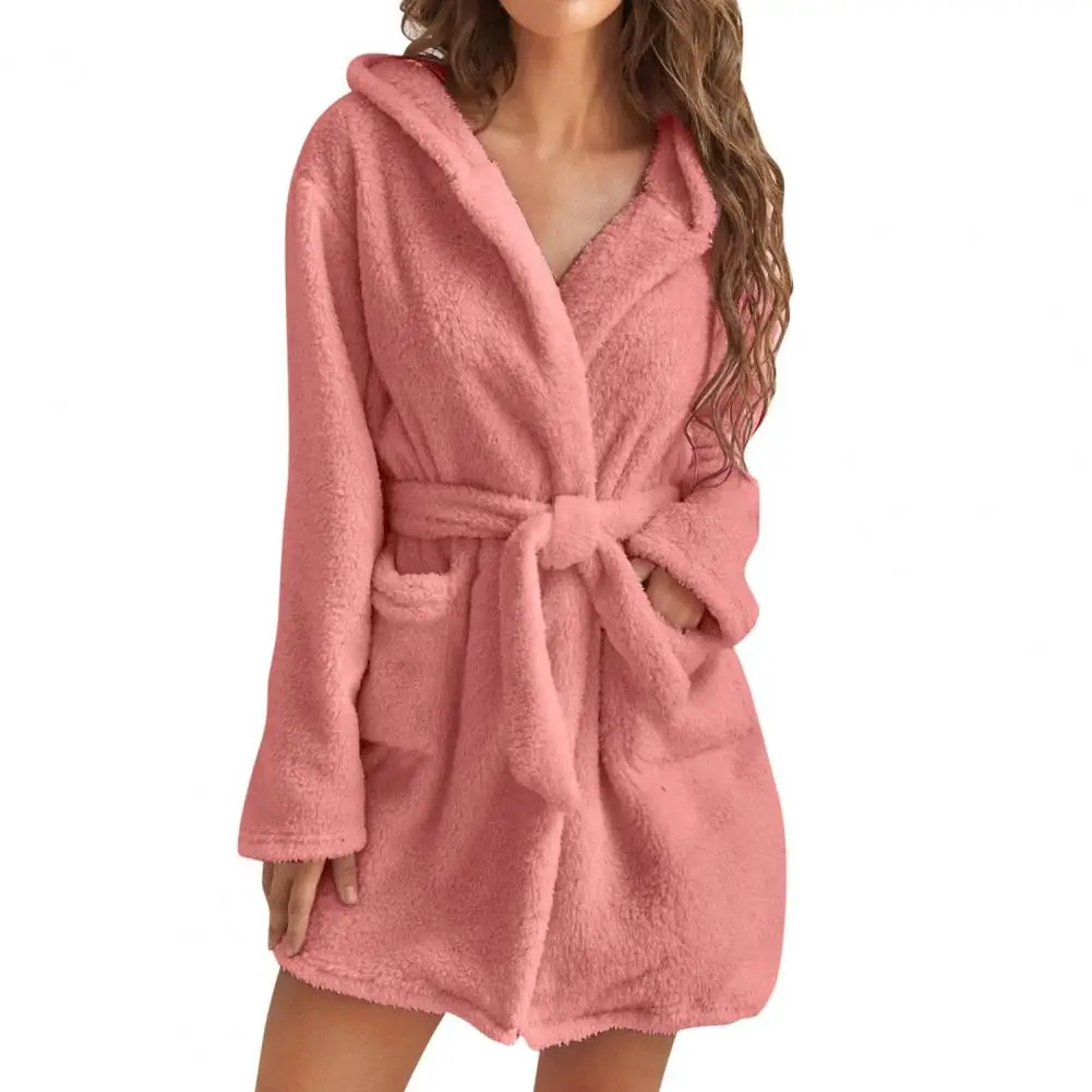 Women's Bathrobe Hooded Plush Short Robe with Belt and Pocket Long Sleeved Fluffy Nightgown