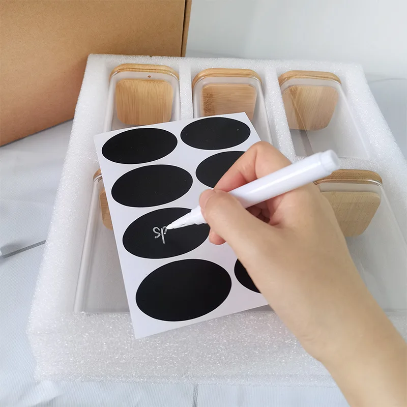 Square Glass Storage Jars with Bamboo Cover, Sealed Glass Bottle, Kitchen Seasoning Pot, 250ml, 6 Units 3