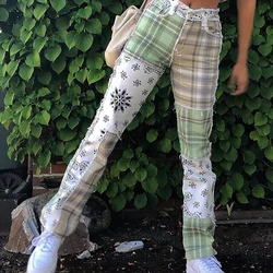 Moda feminina jeans y2k outono high street denim mid rise borda crua xadrez paisley painéis calças retas streetwear roupas