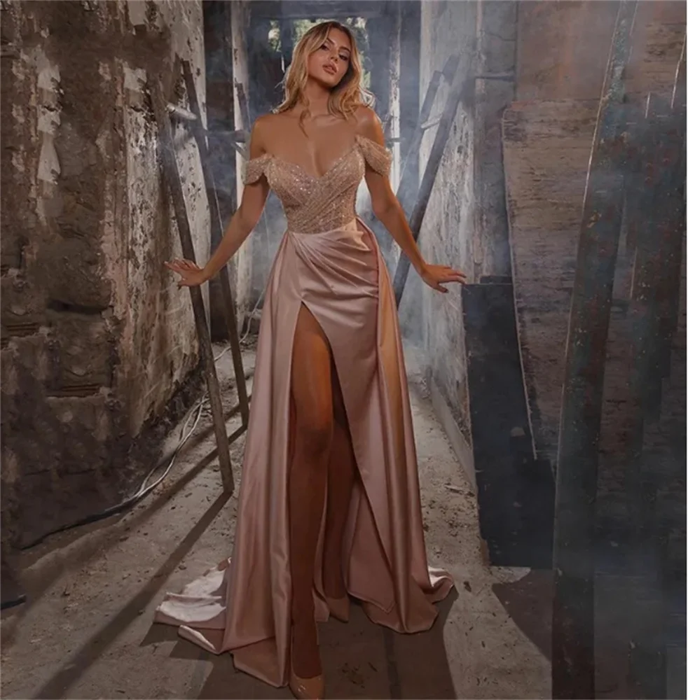 New Sexy V-Neck Prom Dress Evening Dress Sparkly Party Dress Mermaid Satin High Side Split Formal Dress Beauty Pageant Dresses