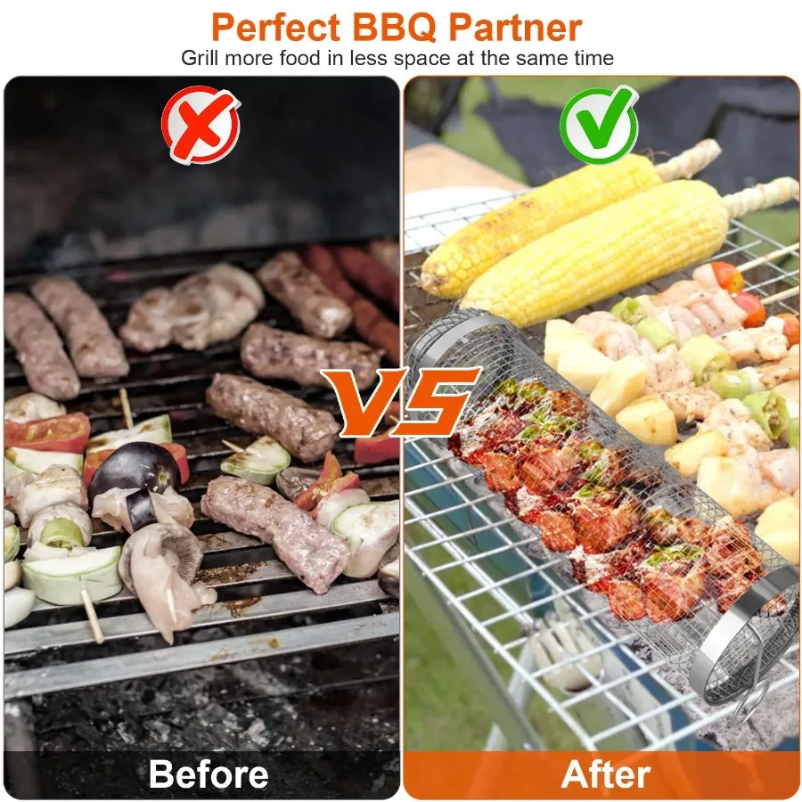 2Pcs BBQ Stainless Steel Rolling Basket 2