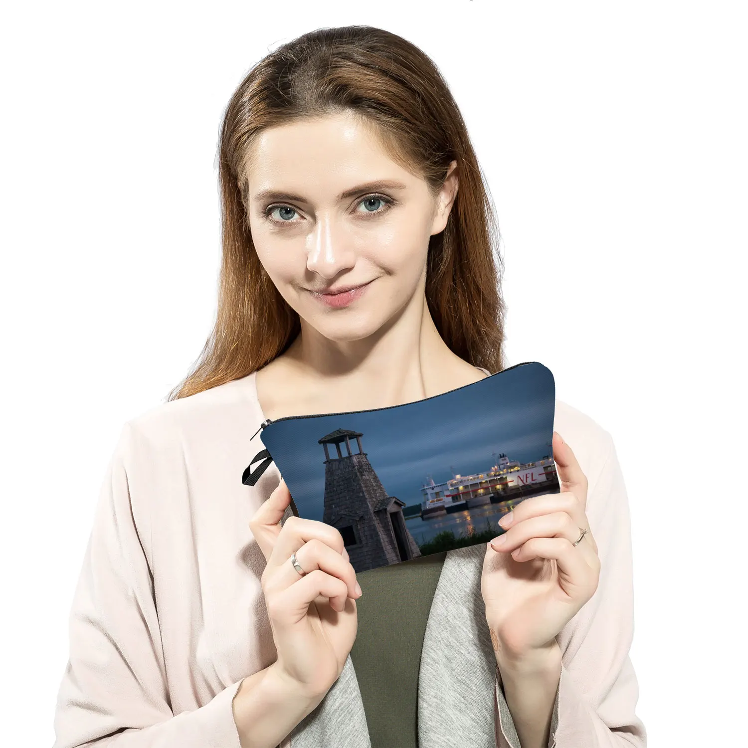 커스텀 디자인 프린트 등대 풍경 메이크업 가방, 캐주얼 세면 용품 가방, 휴대용 사이즈 여행 화장품 가방, 간단한 실용적인
