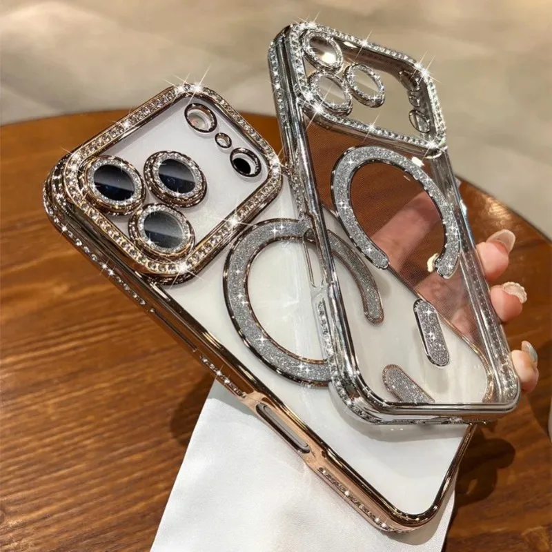 Luxury Bling Diamond Phone Case with Lens Film and Magsafe Cover