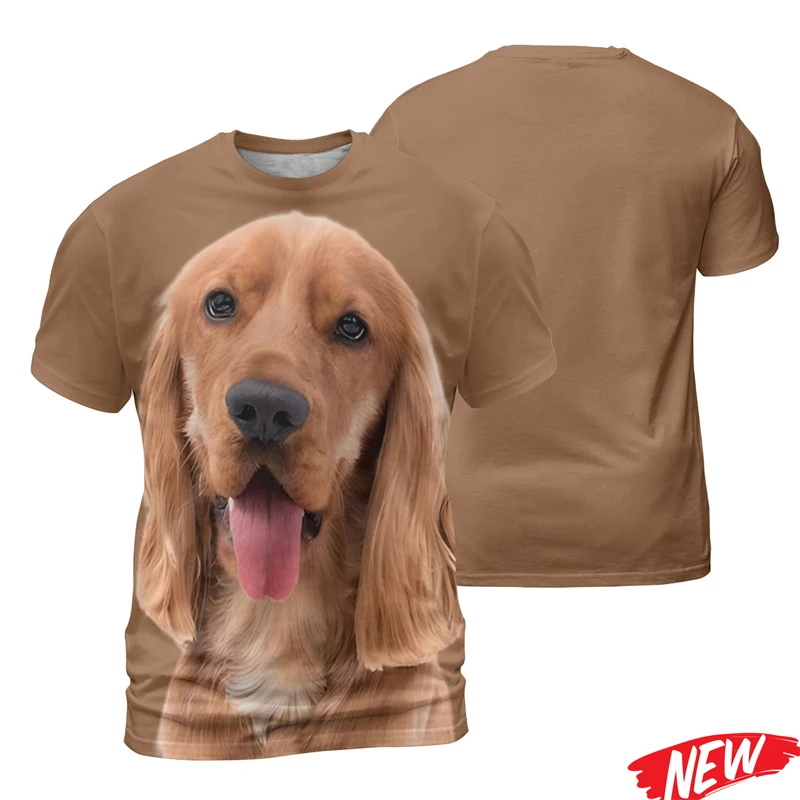 Unisex loose short sleeve t-shirts in tan, black, and grey featuring high definition 3D prints of realistic golden retriever and rottweiler puppy faces next to a detailed European size chart
