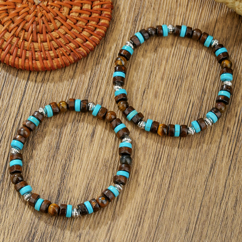 Vintage boho personality men's pine stone set necklace wood bead handmade beaded bracelet accessories 2