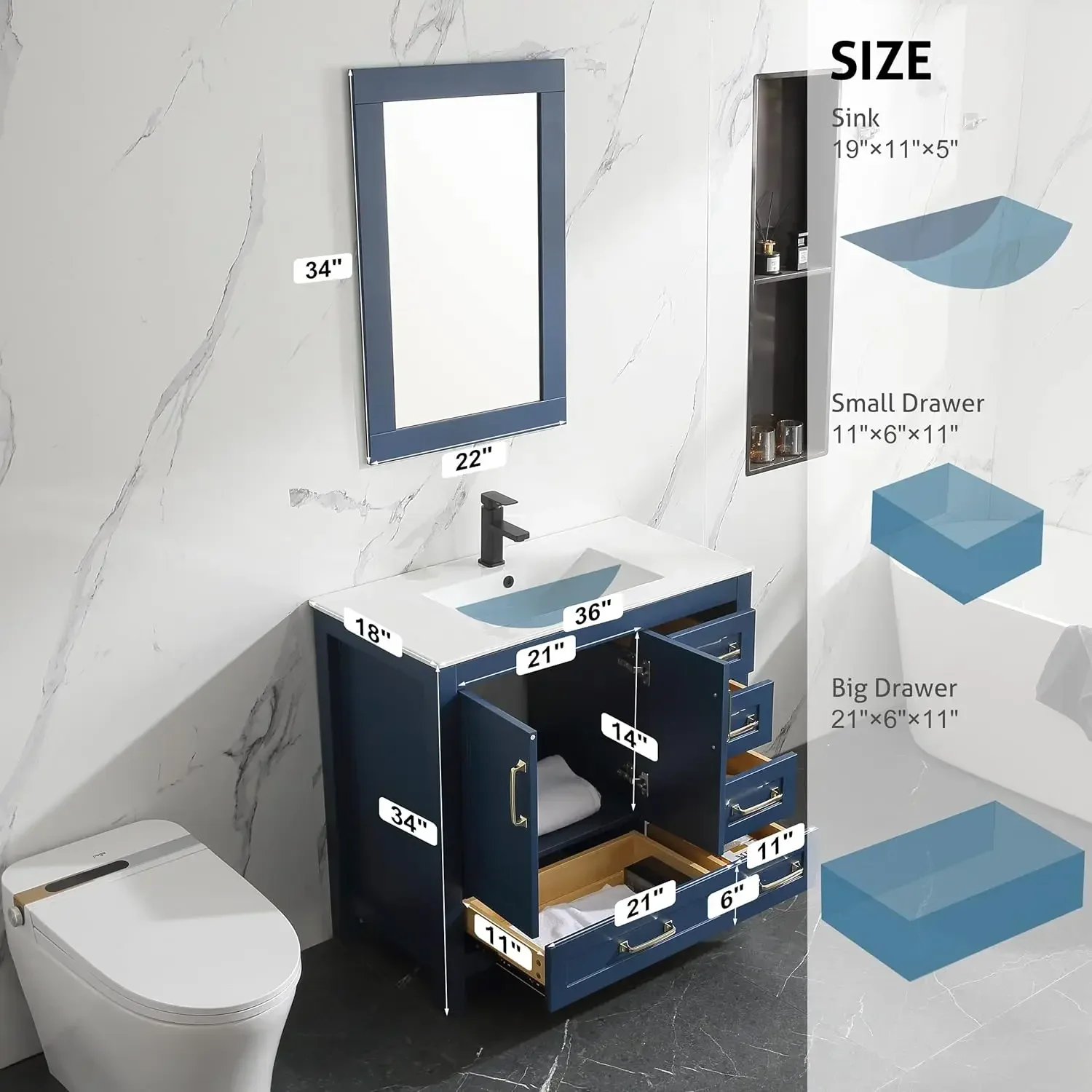 36" Bathroom Vanities Cabinet with Sink Combo Set Undermount Ceramic Sink w/Thickened Wood Matte Black Faucet Navy Blue 3