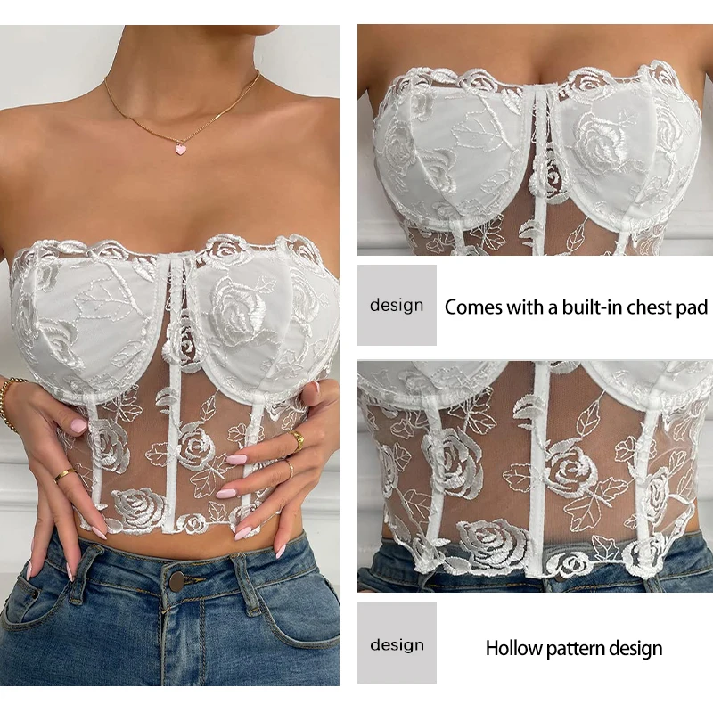 Hot and Sexy Women's Chest Wrapping Rose Embroidery Sleeveless Fishbone Bra Summer New Women's Tight and Naked Top