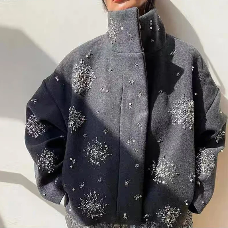 Casual Embroidery Beading Loose Women Coat Long Sleeve Wool Blend Jacket 2026 New Lady Luxury Elegant Spring Outerwear ﻿