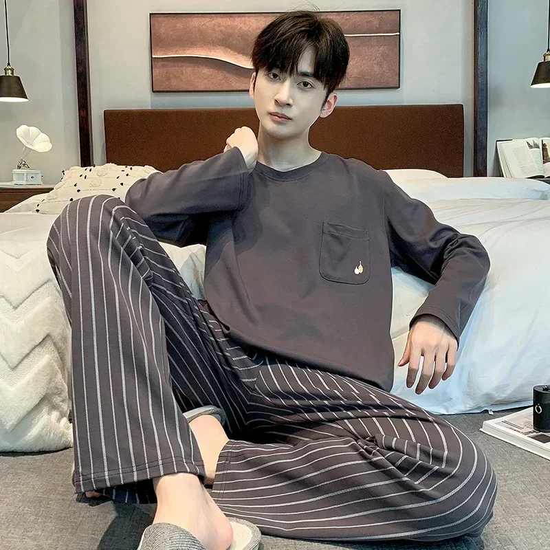 Men's Pajamas New Style Cotton Long-sleeved Waffle Pajama Sets for Men Can Wear Outside in Spring and Autumn