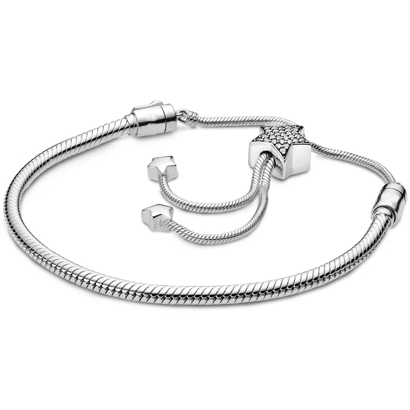 Original 925 Sterling Silver String Of Bead Heart & Star Clasp Sliding Adjust Bracelet For Popular Bangle Bead Charm Diy Jewelry images - 6