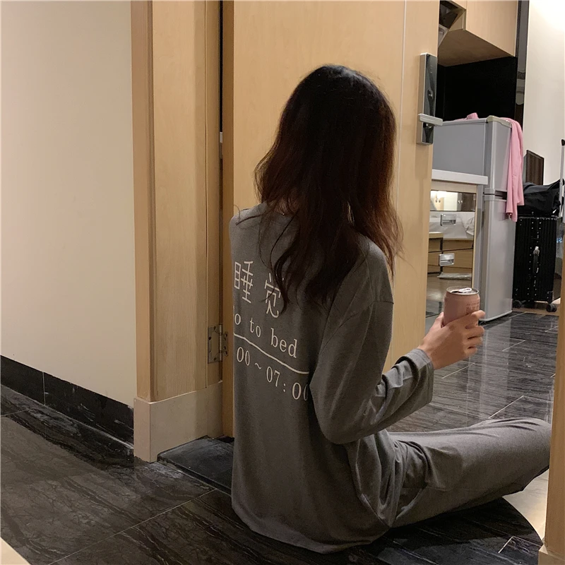 Long-sleeve suit women's sleeping letter pajamas spring and autumn leisure sweet beauty student home wear women's two-piece suit