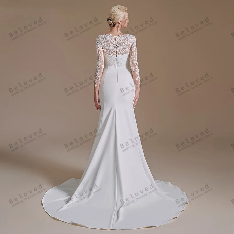 Classic Wedding Dresses Satin Bridal Gowns Lace Appliques Full Sleeves Modest Sheath Mermaid Vestidos De Novia Customized 2025 2