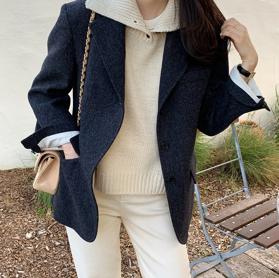 2023 Winter Fashion New Women Casaul Blazer Woolen Solid Color Deisgn Long Sleeves Hot Sell Lady Jacket