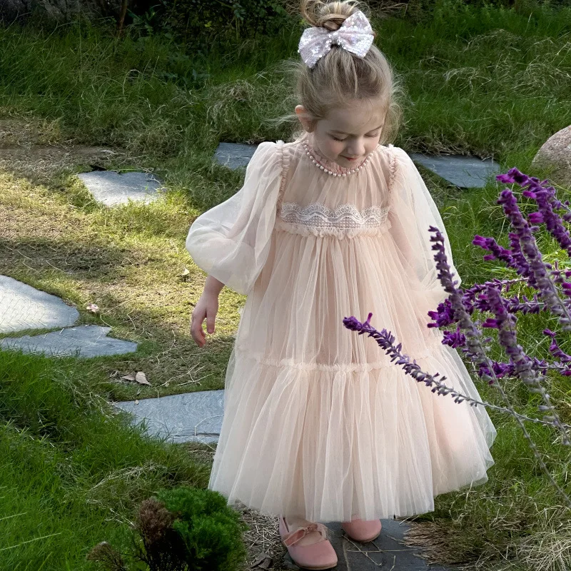 Girls Spring Lace Patchwork Tulle Princess Dress