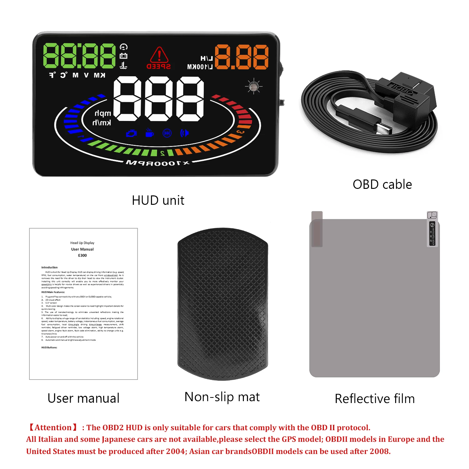 

E300 OBD2 Head-Up Display Auto Electronics Projector Display Digital Car Speedometer Water Temperature Fuel Consumption Display