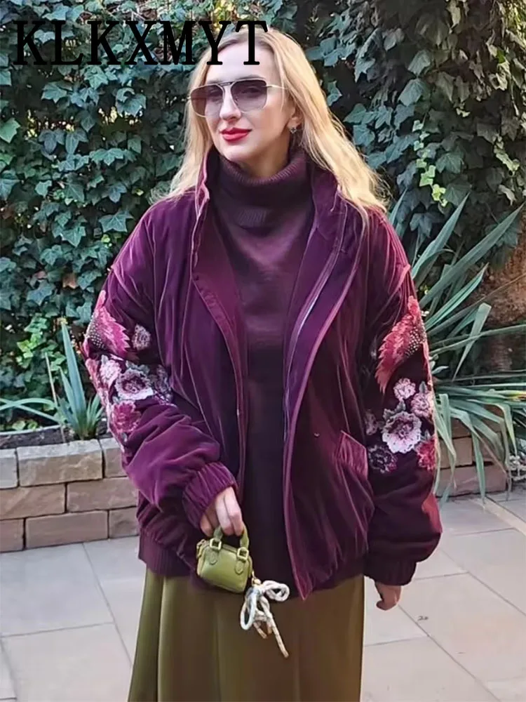 Women's Jacket Embroidery Flower Velvet Long Sleeve Zipper Women Coat Loose Fashion Winter Thick Street Party Evening Jackets ﻿