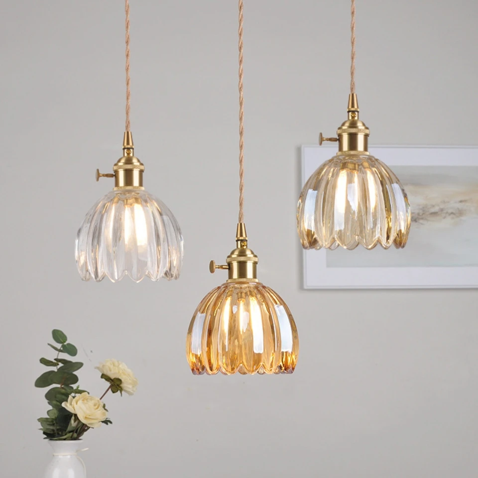 

Retro Flower Style Glass Single Head Copper Pendant Lamp Home Decoration Bedroom Bar Restaurant Milk Tea Shop Luster Decor Light