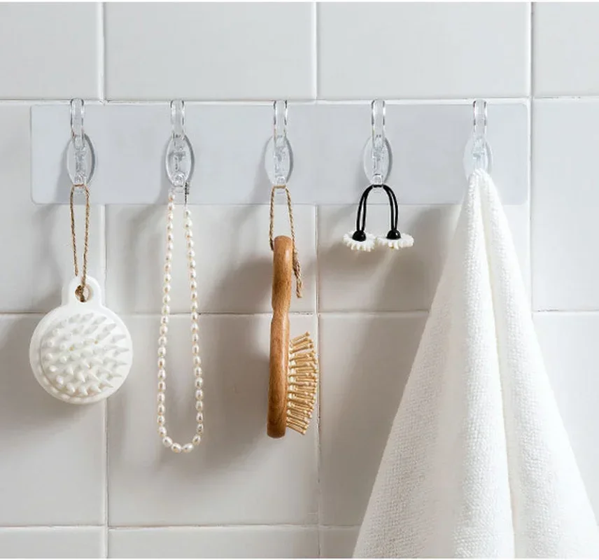 Transparent 6 HooksPlastic Coat Hooks Kitchen Bathroom Six Rows Hooks Punch Free Wall Hook Bathroom Towel Rack Accessories,adhesive hooks,wall clothes hook,kitchen hook,wall hanger,towel hook,wall coat rack