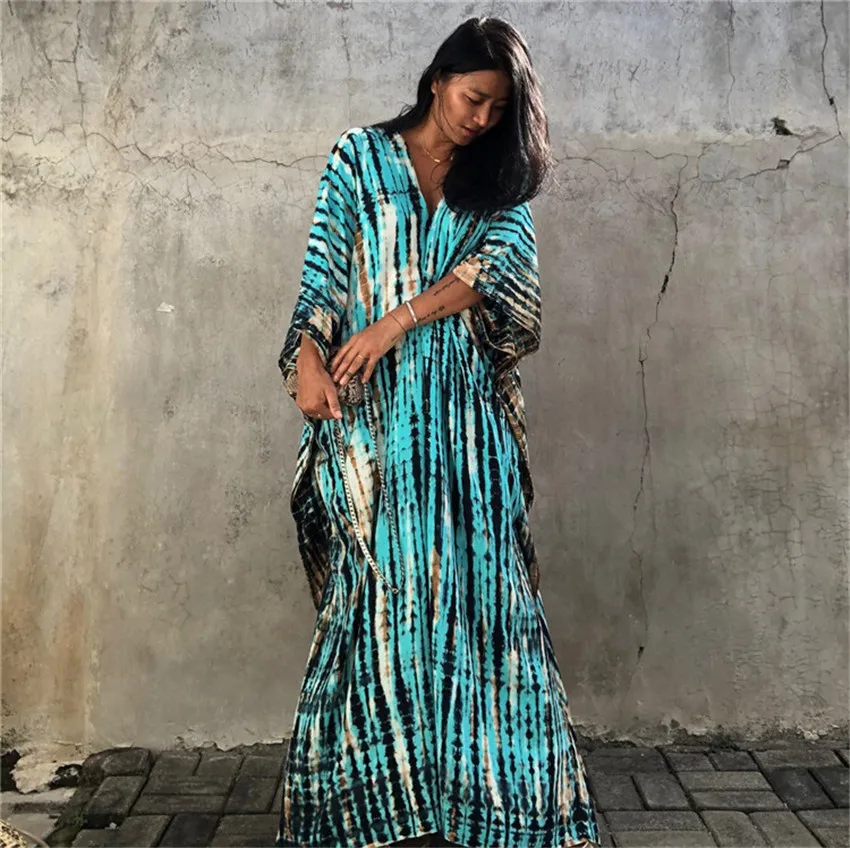 Fashion Casual Striped Print Long Dresses Women Bohemian V-neck Bat Sleeve Loose Slit Beach Dress Summer New Beachwear Vestidos 191 Fashion Casual Striped Print Long Dresses Women Bohemian V-neck Bat Sleeve Loose Slit Beach Dress Summer New Beachwear Vestidos