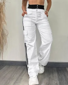 High Waist Stretchy Cargo Pants with Striped Tape Patch Shirred Design And Pockets for Women 1