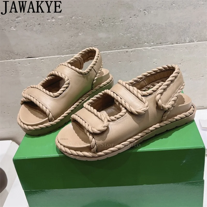 

2024 Summer New Casual Beach Flat Sandals Women Round Open Toe Real Leather Sandals Woman Luxury Punk Rome Sandals Ladies