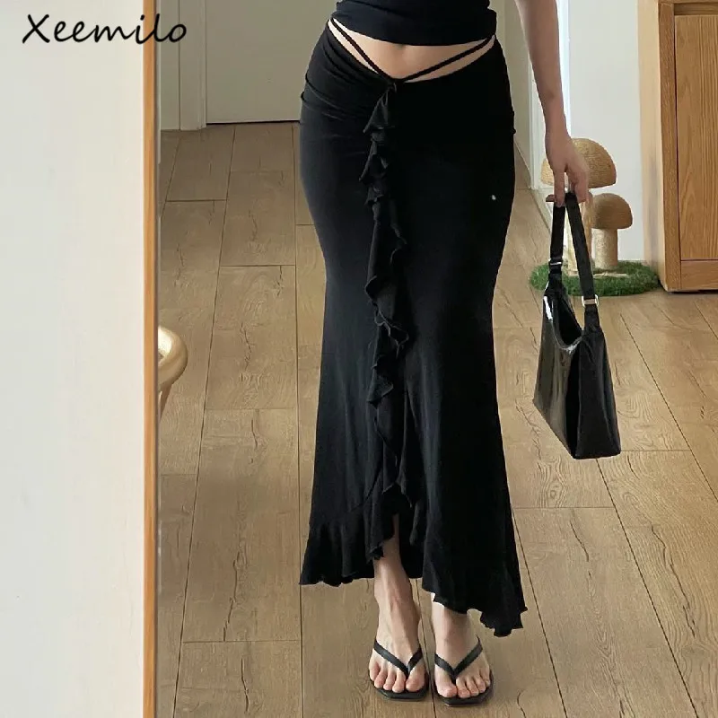 Xeemilo Women Solid Ruffles Skinny Skirt Sexy Ruched Bandage High-waist Street Skirts Summer Elegant Office Casual Short Dress real shoot of spring and summer dirty pink denim skirt female high street spicy girl skirt high waist a line display thin wrap h