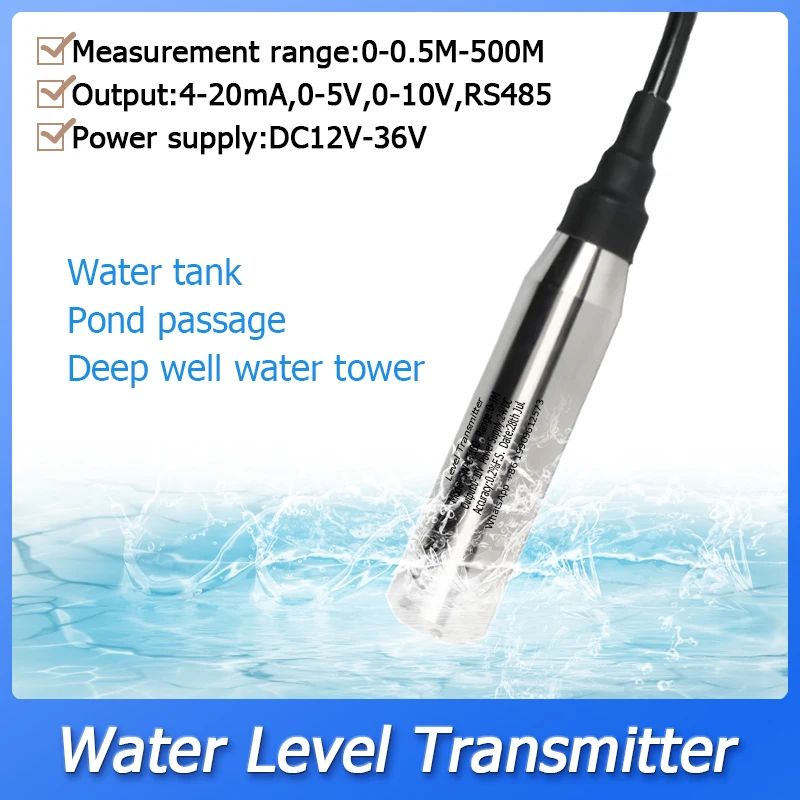 

Liquid Level Transmitter Measurement 0-0.5M-500M Tank Pool Deep Well 4-20mA 0-5V 10V RS485 Output Hydrostatic Water Level Sensor