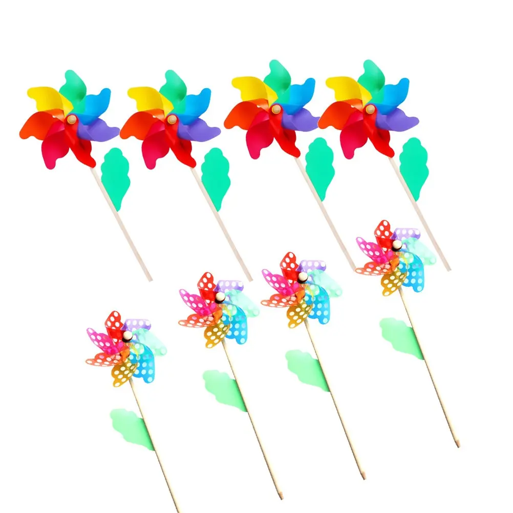 8Pcs 여러 가지 빛깔의 도트 패턴 플라스틱 바람개비 DIY 풍차 키트 재미있는 야외 바람 놀이 정원 파티 룸 스토어 창 장식