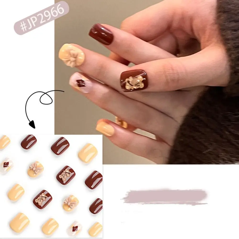 Detachable Short Round False Nails Little Bear Leaf French Fake Nails Full Cover Gold Slices Nail Tips for Salon