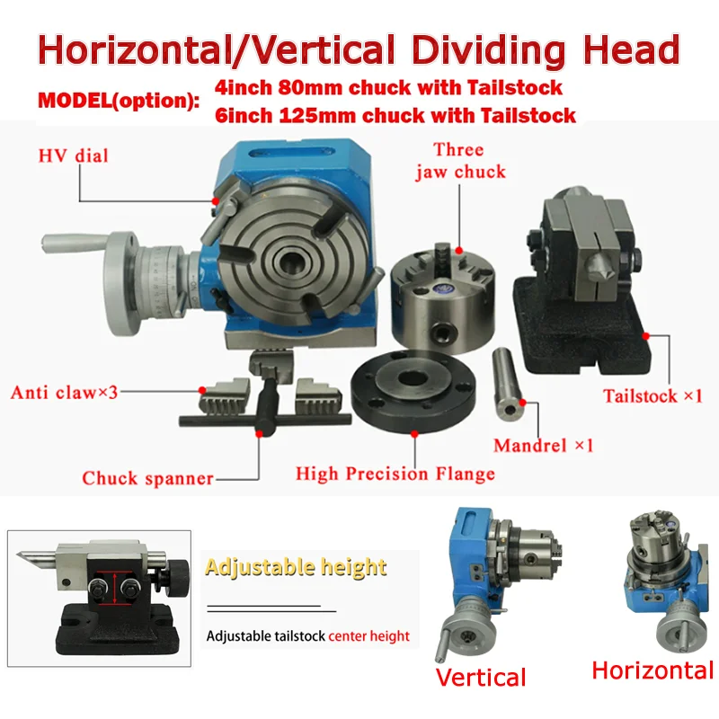 

Horizontal Vertical Universal Dividing Head 4inch 80mm 6inch 125mm Precision Tailstock 3 Jaw Lathe Chuck for CNC Router Engraver