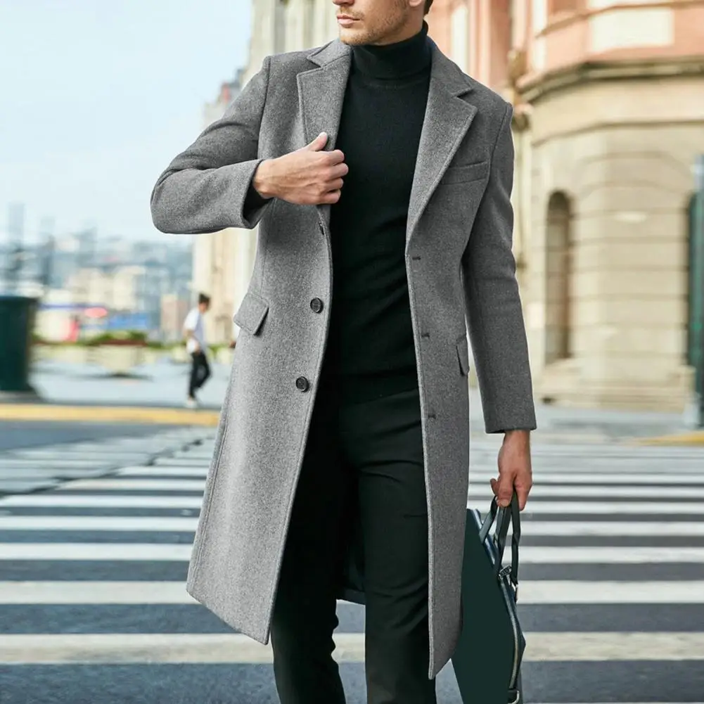 Three-button Coat Stylish Men's British Style Long Coat Warm Solid Color Windbreaker with Turn-down Collar Single-breasted